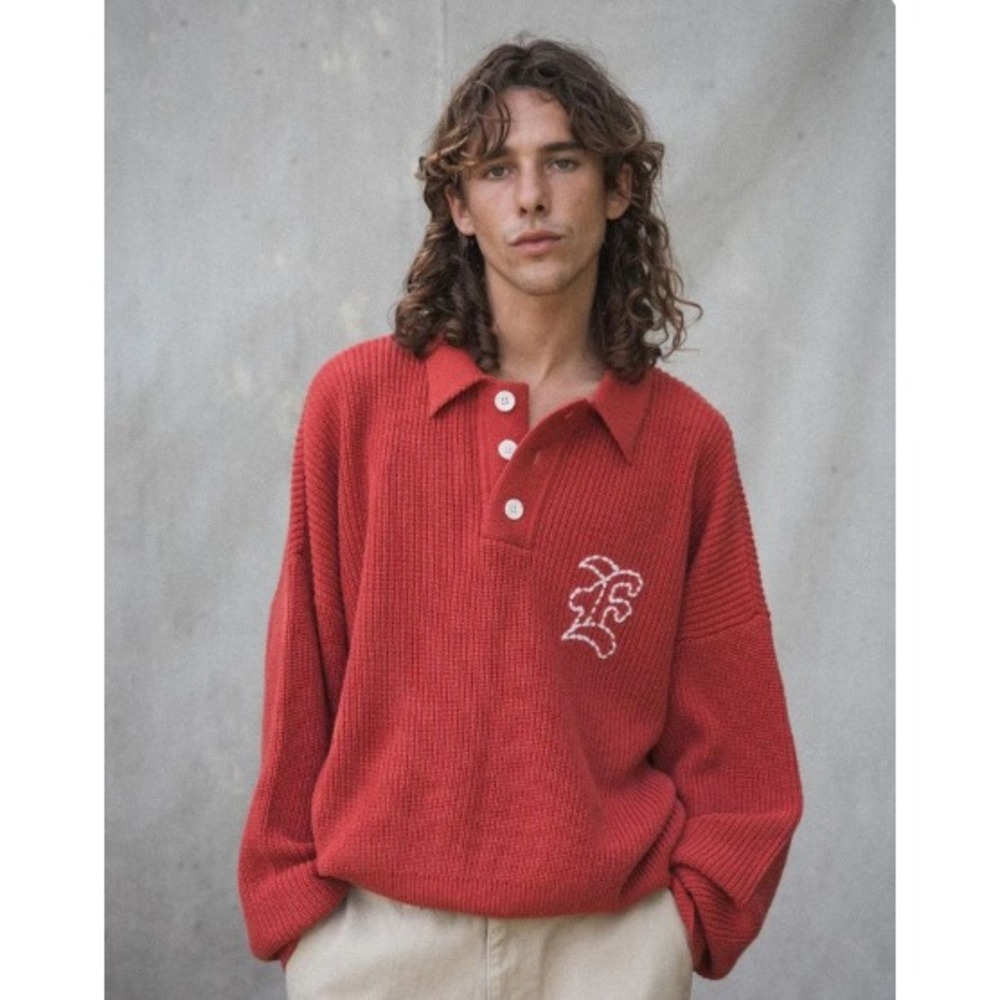 Elwood Oversize Long Sleeve Sweater Polo Red Brick Heavy Ribbed Logo Men M